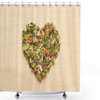 Personality  Dried Herb Leaves Heart Shaped On Burlap Jute Surface. Herbaceous Dry Aromatic Plant. Healing Herbs Herbal Medicine Concept. Shower Curtains