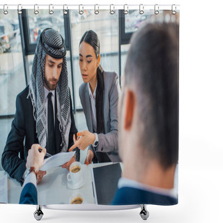 Personality  Multicultural Business Partners Discussing Contract On Meeting With Translator In Office Shower Curtains