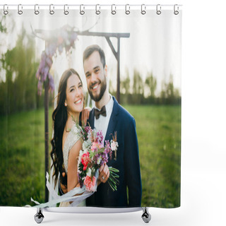 Personality  Happy Bride And Groom After Wedding Ceremony Shower Curtains