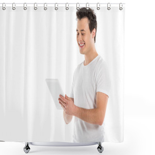 Personality  Smiling Handsome Man Using Digital Tablet Isolated On White Shower Curtains