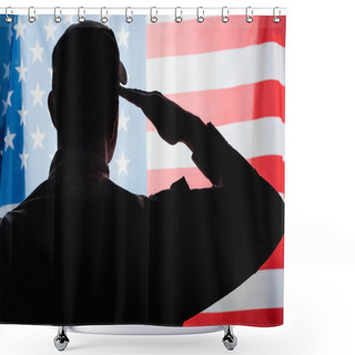 Personality  Back View Of Patriotic Military Man In Uniform And Cap Giving Salute Near American Flag  Shower Curtains