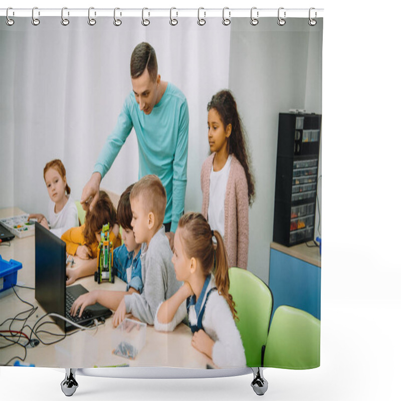 Personality  Group Of Kids Listening To Teacher At Machinery Class Shower Curtains