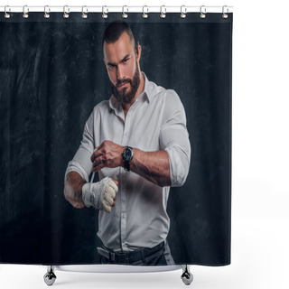 Personality  Portrait Of Cheeky Bearded Man With Boxing Gloves Shower Curtains