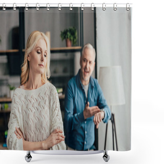 Personality  Selective Focus Of Woman Standing With Crossed Arms While Husband Arguing On Background Shower Curtains