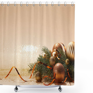 Personality  Glittering Christmas Balls On Pine Branch And Wavy Ribbon On Tabletop Shower Curtains