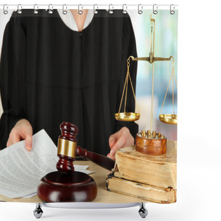 Personality  Judge Sitting At Table During Court Hearings On Room Background Shower Curtains