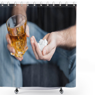 Personality  Cropped View Of Sitting Man With Handful Of Pills And Glass Of Whiskey Shower Curtains