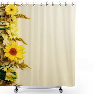 Personality  Flat Lay With Various Beautiful Flowers Arrangement On Beige Backdrop Shower Curtains