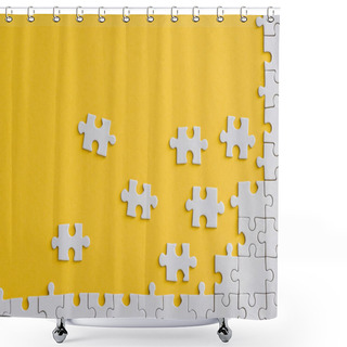 Personality  Top View Of Unfinished Jigsaw Near Connected White Puzzle Pieces Isolated On Yellow  Shower Curtains