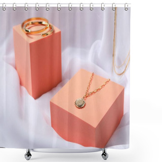 Personality  Stylish Presentation Of Bracelets And Necklace On White Cloth Shower Curtains