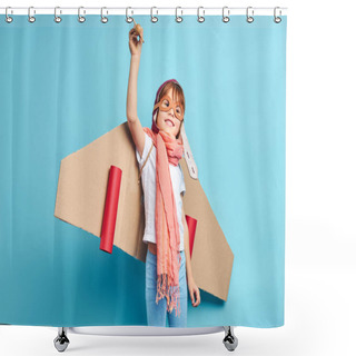 Personality  Pilot Boy With Cardboard Plane Isolated Over Blue Background Shower Curtains