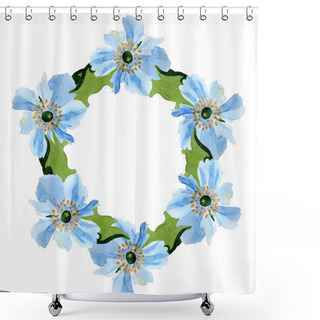 Personality  Beautiful Blue Poppies With Green Leaves Isolated On White. Watercolor Background Illustration. Watercolour Drawing Fashion Aquarelle. Frame Border Ornament Background. Shower Curtains