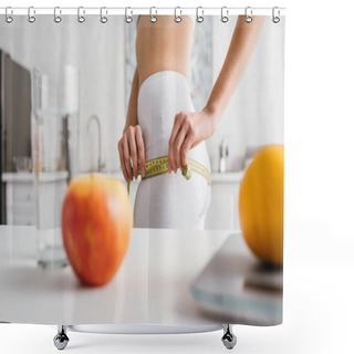 Personality  Selective Focus Of Slim Girl Measuring Hips Near Fruits, Glass Of Water And Scales On Table In Kitchen, Calorie Counting Diet Shower Curtains
