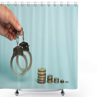 Personality  Partial View Of Man Holding Handcuffs Near Stacks Of Silver And Golden Coins On Blue, Anti-corruption Concept Shower Curtains