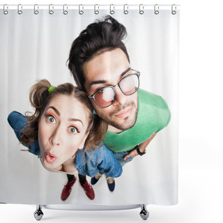 Personality  Pretty Couple Dressed Casual Making Funny Faces - View From Above Wide Angle Shot Shower Curtains