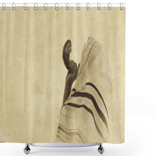 Personality  Jewish Man Blowing The Shofar (horn) Of Rosh Hashanah (New Year). Shower Curtains