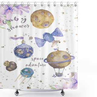Personality  The Universe Kids Solar System With Satellites And Rockets Planets Comparison. Cartoon Watercolor Isolated Illustration Galaxy Background. Kid Clip Art For Space Adventure Shower Curtains