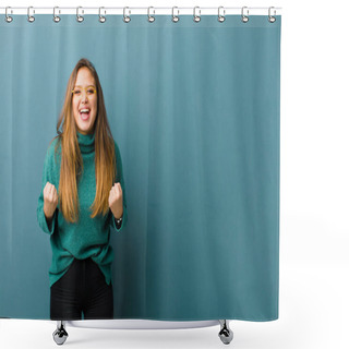 Personality  Young Pretty Woman Shouting Triumphantly, Laughing And Feeling Happy And Excited While Celebrating Success Shower Curtains