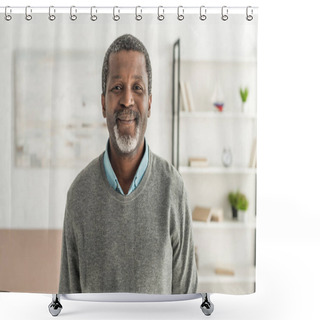 Personality  Cheerful African American Man In Grey Pullover Smiling At Camera  Shower Curtains