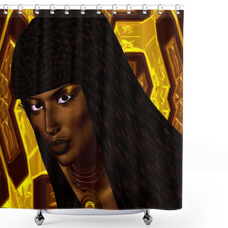 Personality  Black Egyptian Princess In Our Modern Digital Art Style, Close Up. The Beauty, Power And Wealth Of Egypt Are Captured In This Egyptian Digital Art Fantasy Image Against A Colorful Abstract Background Shower Curtains