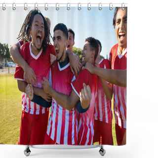 Personality  Multiracial Male Team Players Screaming While Celebrating Victory After Soccer Match At Playground. Unaltered, Soccer, Sport, Teamwork, Togetherness, Competition, Winning, Happy And Achievement. Shower Curtains