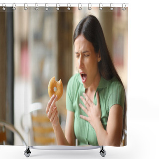 Personality  Stressed Woman Choking Eating Doughnut In A Bar Terrace Shower Curtains
