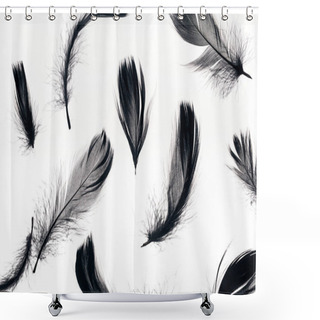 Personality  Seamless Background With Black Soft Feathers Isolated On White Shower Curtains