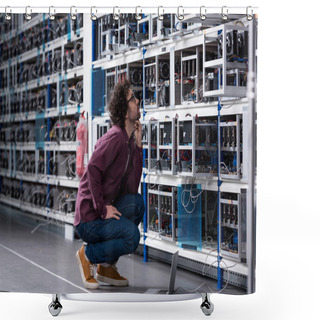 Personality  Young Computer Engineer Sitting On Floor And Looking At Cryptocurrency Mining Farm Shower Curtains