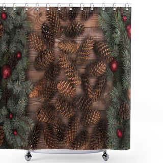 Personality  Top View Of Brown Pine Cones With Fir Twigs And Red Baubles On Wooden Background  Shower Curtains
