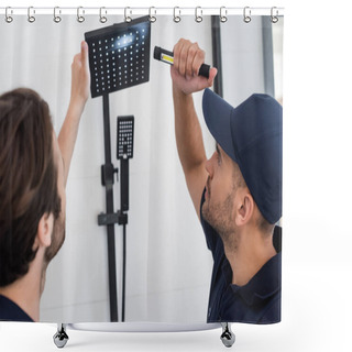 Personality  Plumber Checking Shower Head In Bathroom With Flashlight Shower Curtains