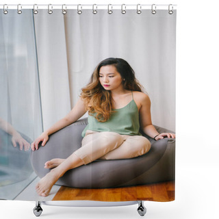 Personality  A Young And Attractive Chinese Asian Woman (Singaporean) Sits On A Bean Bag By A Window In Her Apartment In The Morning. She Looks Comfortable And Relaxed In Loose Clothes. Shower Curtains