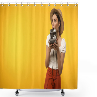 Personality  Excited Tourist In Straw Hat Holding Vintage Camera Isolated On Yellow Shower Curtains