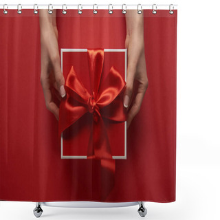 Personality  Partial View Of Female Hands Holding Present With Silk Ribbon On Red Background Shower Curtains