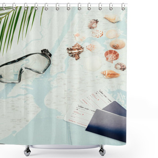 Personality  Top View Of Diving Mask With Seashells And Flight Tickets On Travel Map Shower Curtains