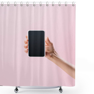 Personality  Cropped Shot Of Woman Holding Smartphone With Blank Screen Isolated On Pink Shower Curtains
