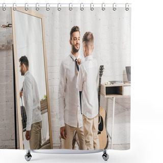Personality  Son In White Shirt Helping Dad With Tie At Home Shower Curtains