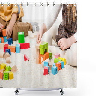 Personality  Cropped View Of Children Playing With Wooden Blocks On Carpet Shower Curtains