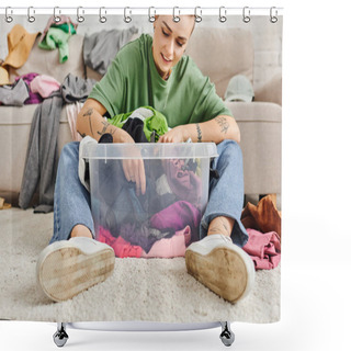 Personality  Smiling And Tattooed Woman Sitting On Floor Near Plastic Container With Thrift Store Finds, Decluttering Process, Clothes Sorting, Sustainable Living And Mindful Consumerism Concept Shower Curtains