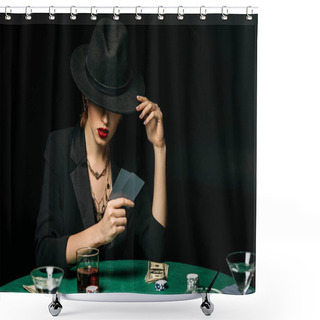 Personality  Attractive Girl In Jacket And Hat Playing Poker In Casino Shower Curtains