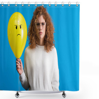 Personality  Aggressive Woman Holding Yellow Balloon With Angry Face, Isolated On Blue Shower Curtains