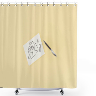 Personality  White Card With Thank You Lettering Sticking Out Of Hand Drawn Envelope And Pen Isolated On Yellow Background Shower Curtains