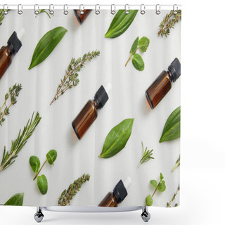 Personality  Flat Lay With Bottles On Essential Oil And Green Herbs On Grey Background Shower Curtains