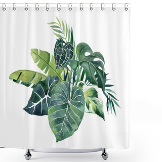 Personality  Watercolor Illustration With Tropical Leaves Bouquet Isolated On White Background. Clipart For Greeting Cards, Wedding Invitations, Stickers, Prints. Hand Drawn Watercolor Clipart. Shower Curtains