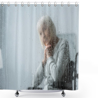 Personality  Selective Focus Of Pensive Disabled Senior Woman With Grey Hair Shower Curtains
