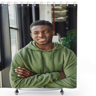 Personality  Youthful And Charismatic African American Entrepreneur In Green And Trendy Hoodie Standing With Folded Arms And Smiling At Camera, Happy Emotion, Contemporary Office Space  Shower Curtains