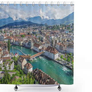Personality  Sun Lighted Buildings, Harbor And Nountains In Lucerne, Switzerland Shower Curtains