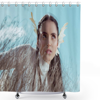 Personality  Low Angle View Of Elegant Woman In White Swan Costume Standing Near Dry Bush, Looking Away Shower Curtains