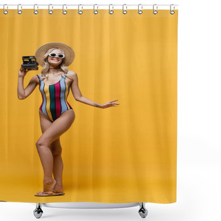 Personality  Full Length Of Happy Woman In Straw Hat And Swimsuit Holding Vintage Camera On Yellow Shower Curtains