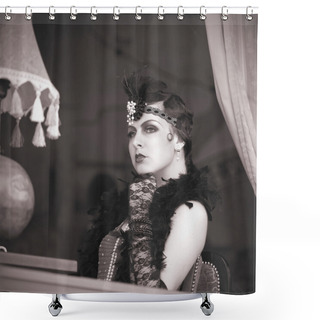 Personality  Retro Woman 1920s - 1930s Sitting In The Cafe Shower Curtains