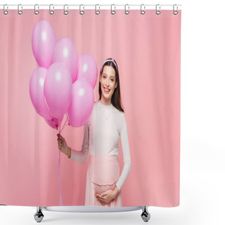 Personality  Happy Young Pretty Pregnant Woman With Balloons Isolated On Pink Shower Curtains